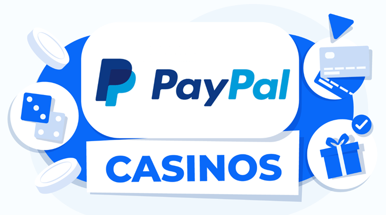 Logo Paypal online casino med jetoner, betalingskort og terninger bagest i billedet