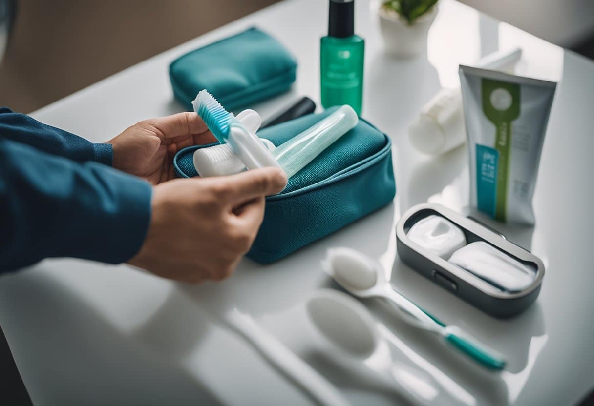 En rejsende pakker rejse-størrelse tandpasta og en tandbørste i en toilettaske