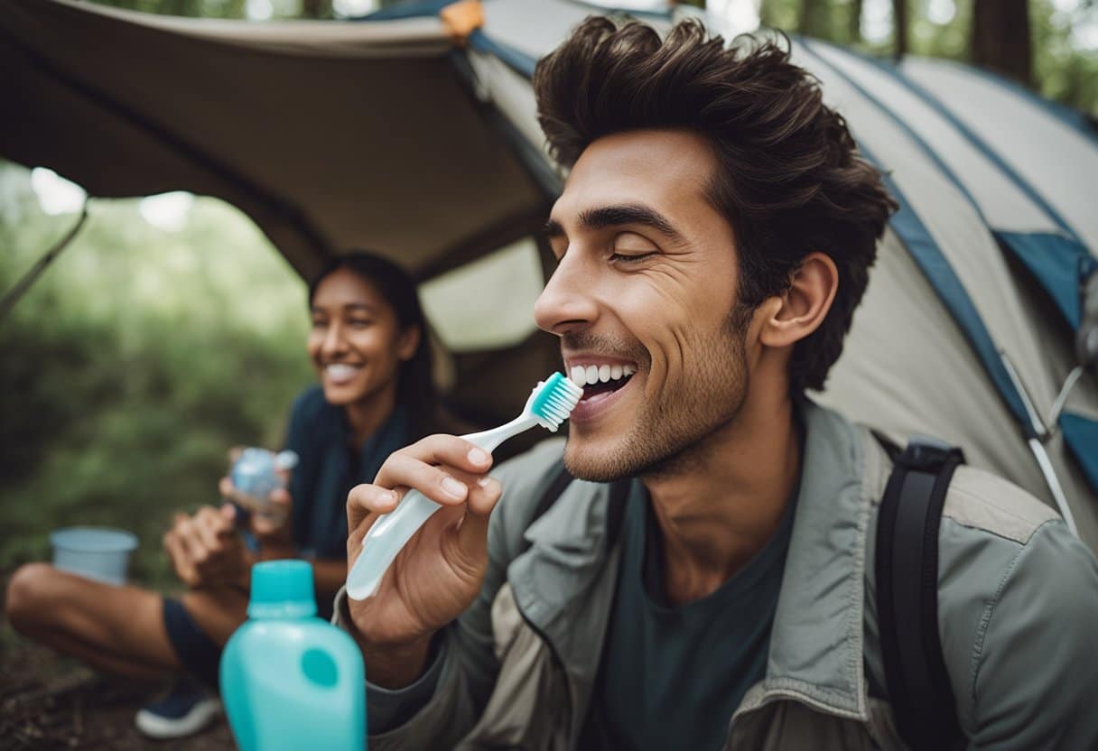 En rejsende, der børster tænder ved en campingplads, med en bærbar tandbørste og en lille flaske mundskyl på en klippeoverflade